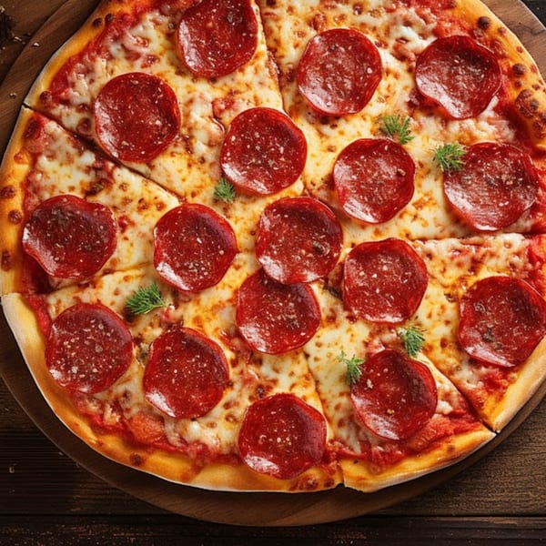 A freshly baked, sliced pepperoni pizza from Tony's Pizza, garnished with herbs on a wooden board.
